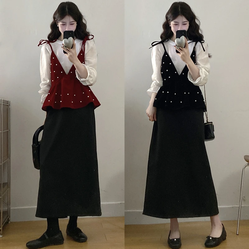 大码胖mm女装喇叭袖上衣+珍珠v领丝绒吊带收腰显瘦半身裙三件套装