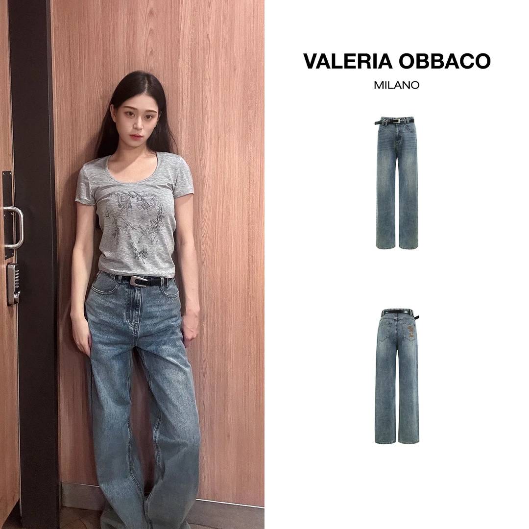 VALERIAOBBACO/瓦莱丽娅 奥贝科 VO复古花朵牛仔直筒裤 配腰带