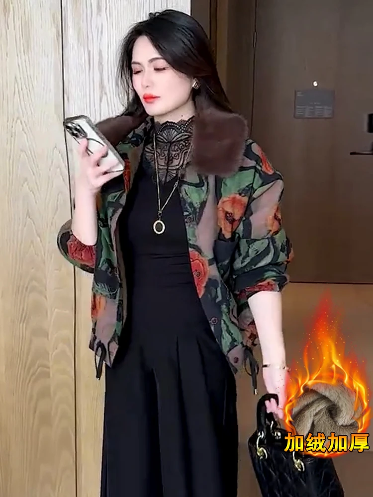 加绒加厚印花短外套女2025冬季新款洋气宽松可拆卸毛领休闲夹克衫