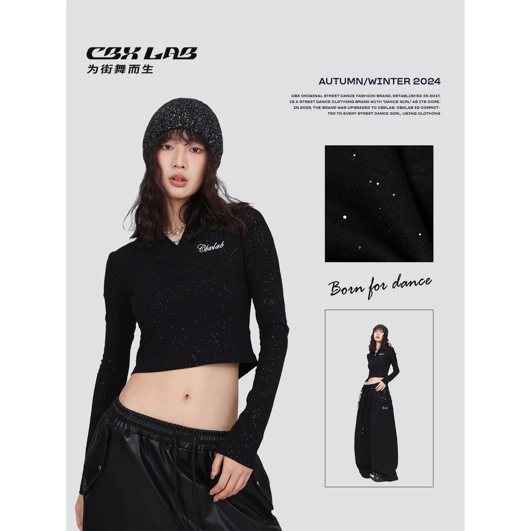 CBXLAB街舞潮牌辣妹细闪修身爵士长袖V领美式上衣春季亲肤内搭女
