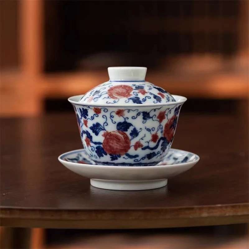 青花瓷丰收釉里红图案三才盖碗陶瓷敬茶碗茶杯釉下彩功夫茶具白瓷