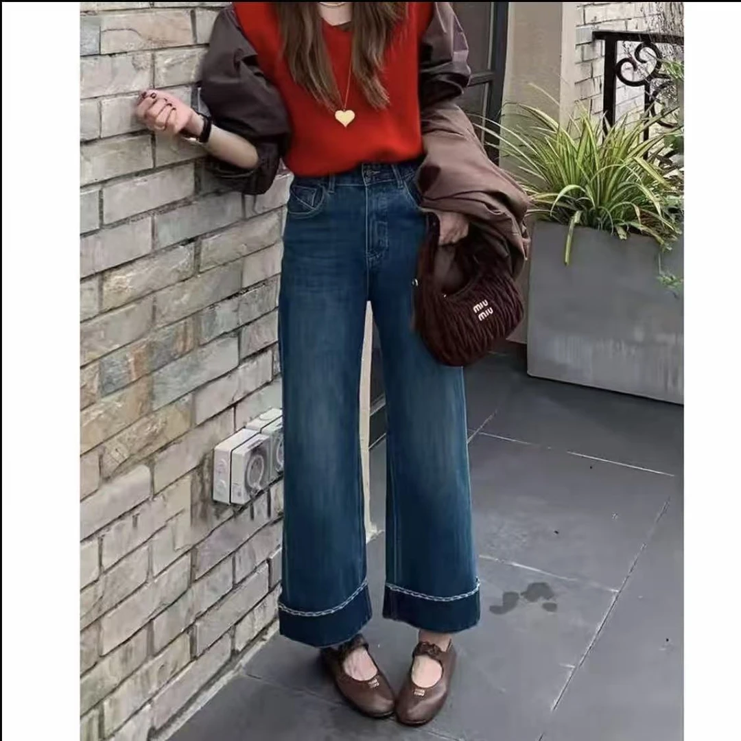 早秋新款卷边直筒牛仔裤女高腰宽松显瘦弹力复古九分裤
