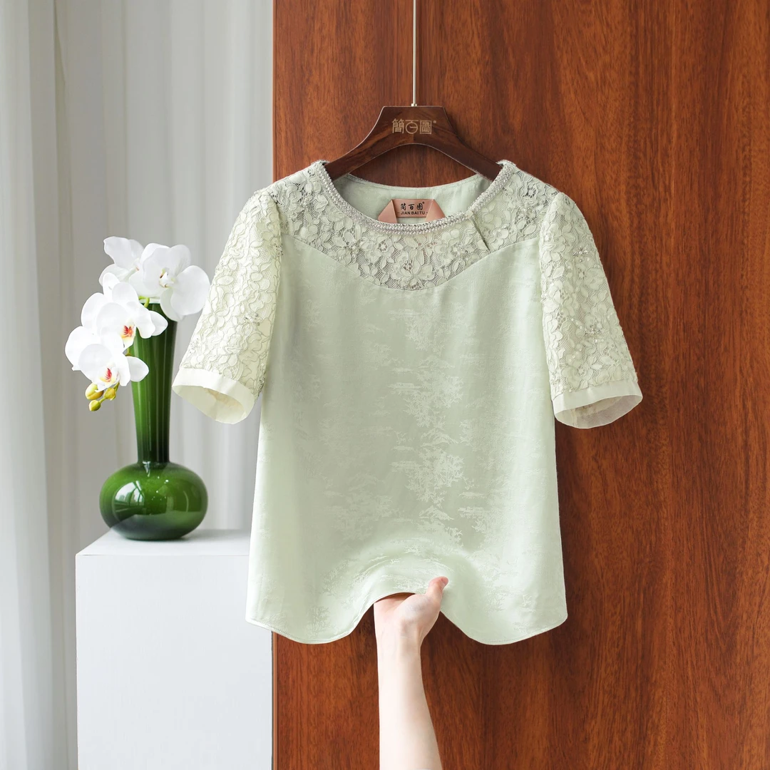 2025新中式新款薄荷绿重工刺绣绣花钉珠短袖显瘦衬衫