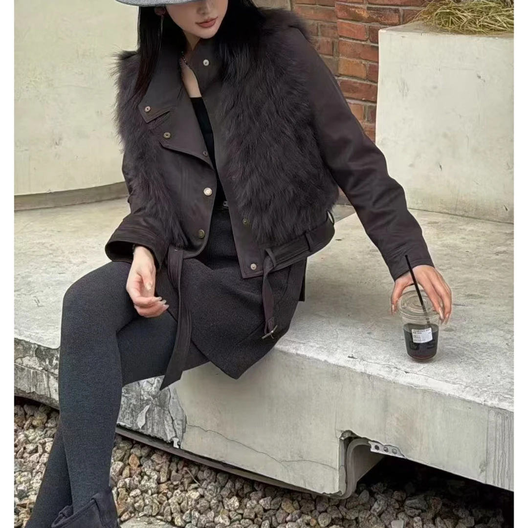 鹿皮绒毛毛马甲两件套机车款洋气个性羽绒短款外套
