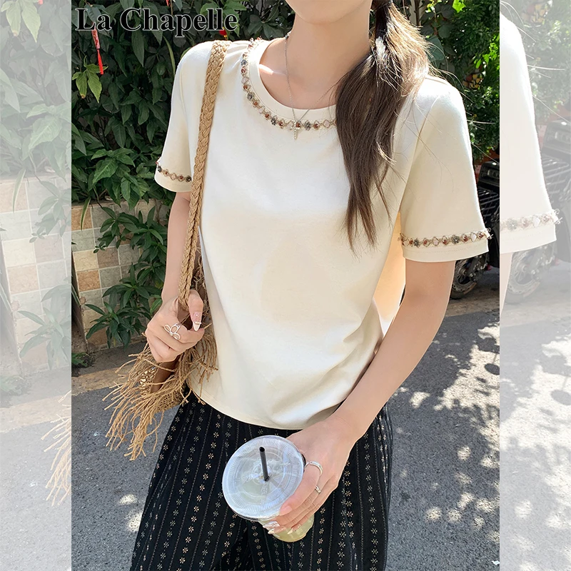 拉夏贝尔钉珠短袖T恤女夏季韩系温柔时尚百搭设计感小众显瘦上衣