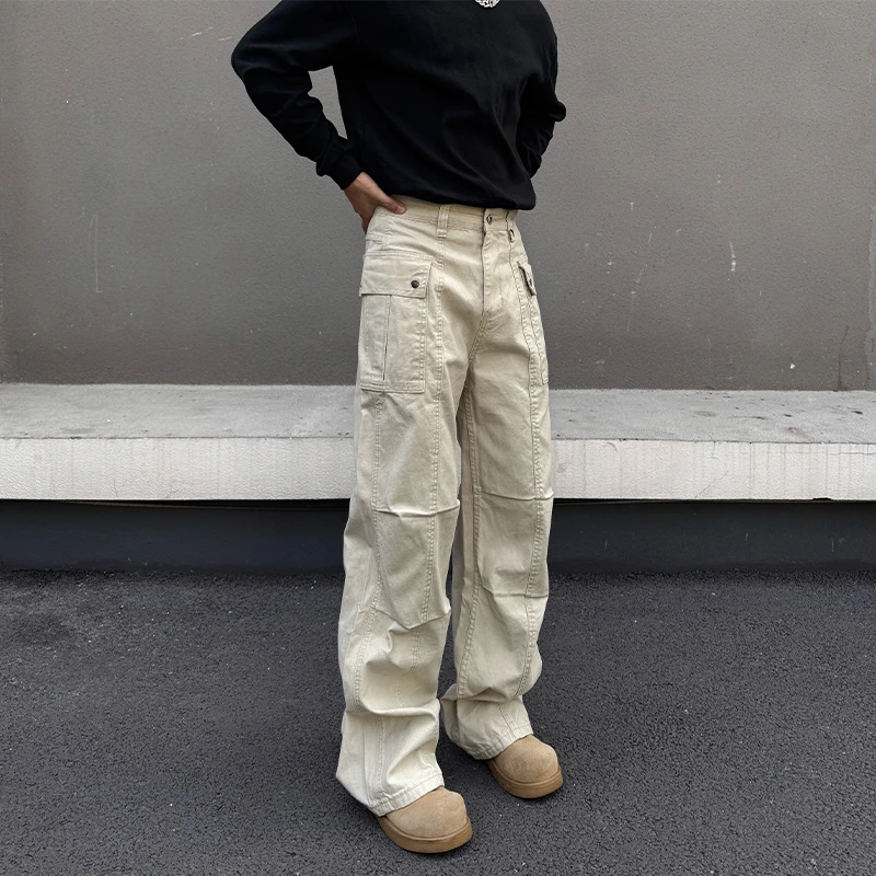 BLACKAT 美式复古侧边多口袋重磅杏色工装裤男直筒宽松百搭休闲裤