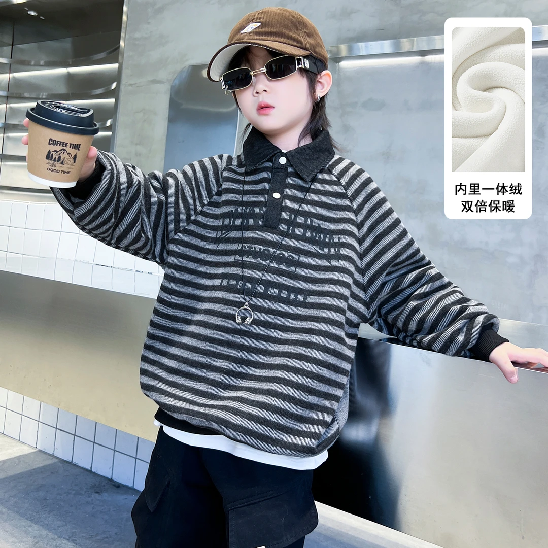 男童加绒POLO卫衣秋冬装2026新款中大儿童冬季加厚一体绒上衣帅气