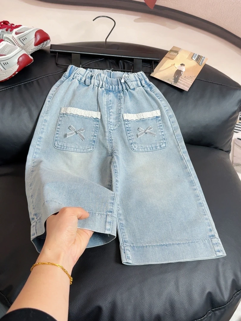女童裤子春装2025新款儿童牛仔裤时尚甜美蝴蝶结女孩微阔腿休闲裤