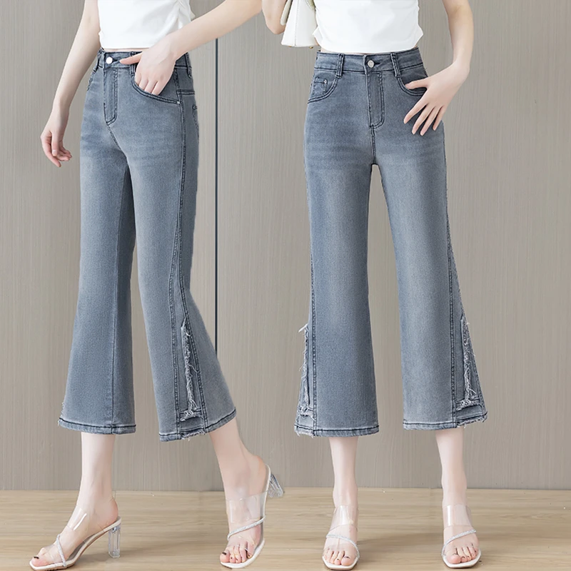 烟灰色小个子女裤夏季薄款2025新款八分高腰牛仔微喇叭牛仔裤女