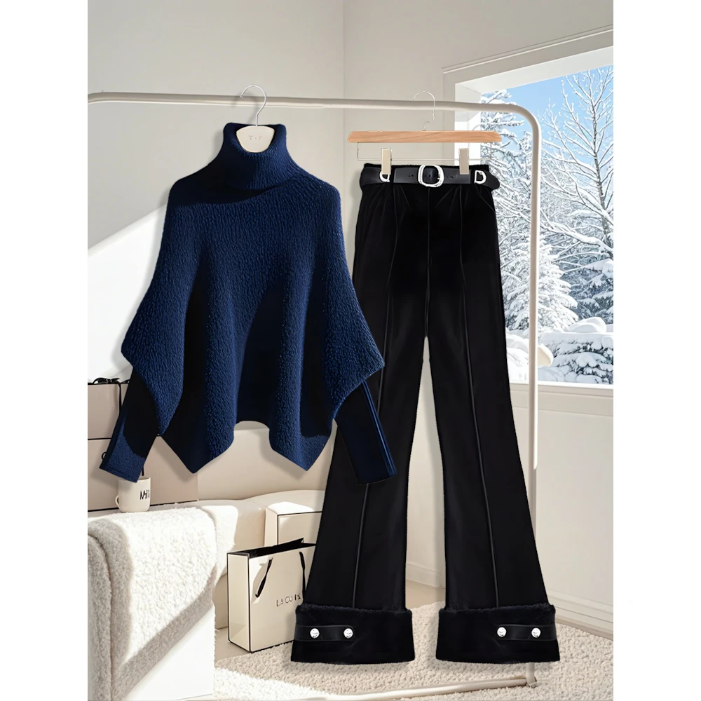 2025秋冬爆款高级慵懒藏蓝色假两件斗篷毛衣通勤直筒阔腿裤套装女