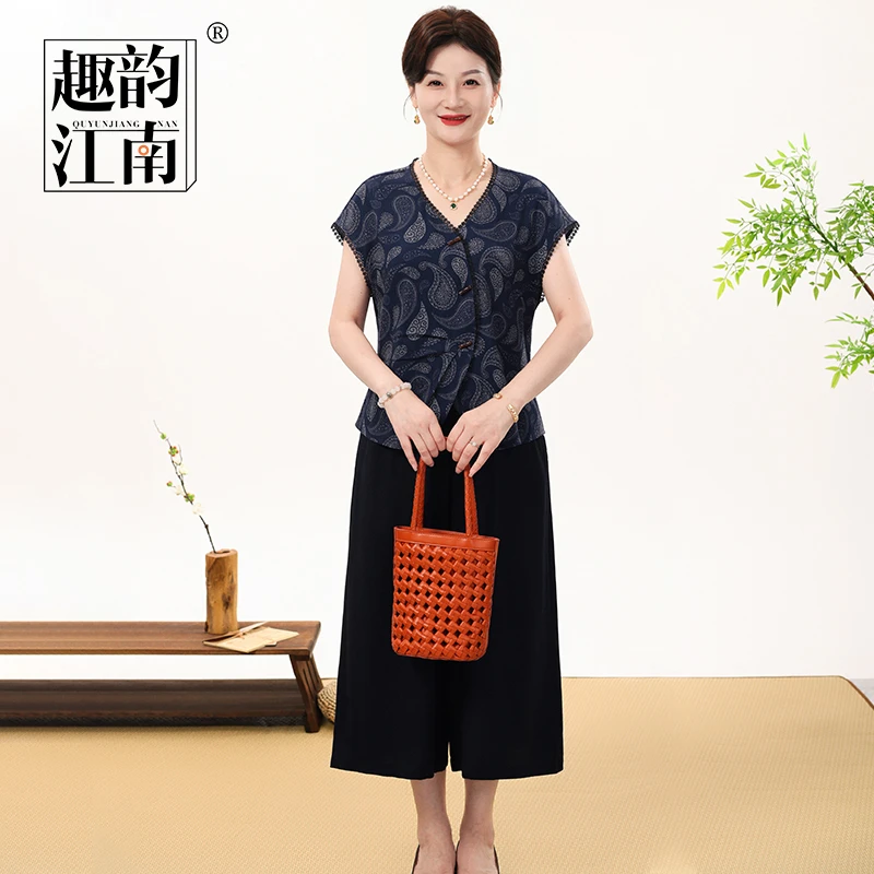 趣韵江南中老年妈妈装夏季时尚两件套V领复古短袖免搭配大花年轻