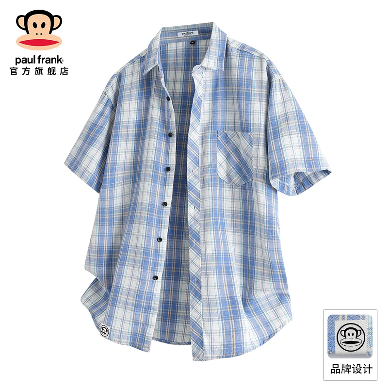 paul frank/大嘴猴薄款慵懒风格子衬衫男装夏季冰丝透气宽松外套