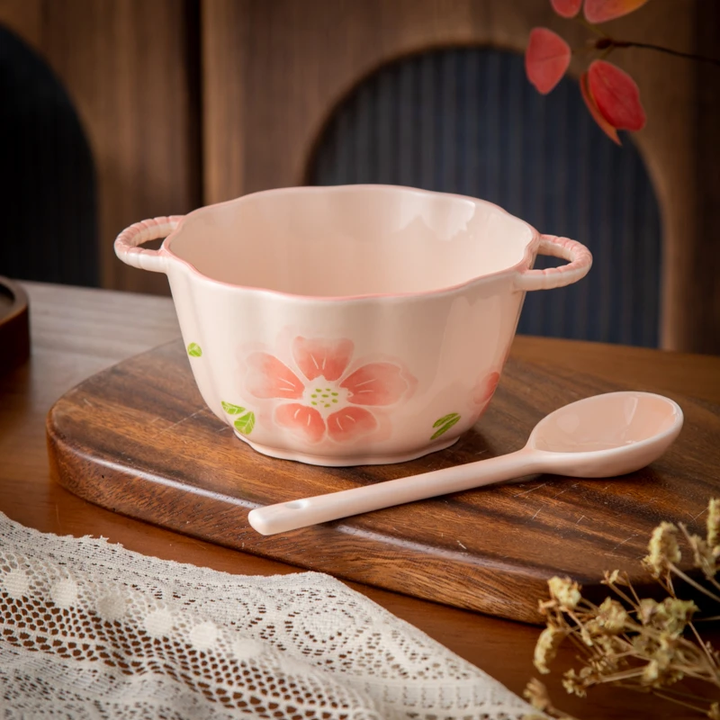 陶瓷餐具清新釉下彩可爱花影6英寸小号双耳南瓜碗+勺子(1套)