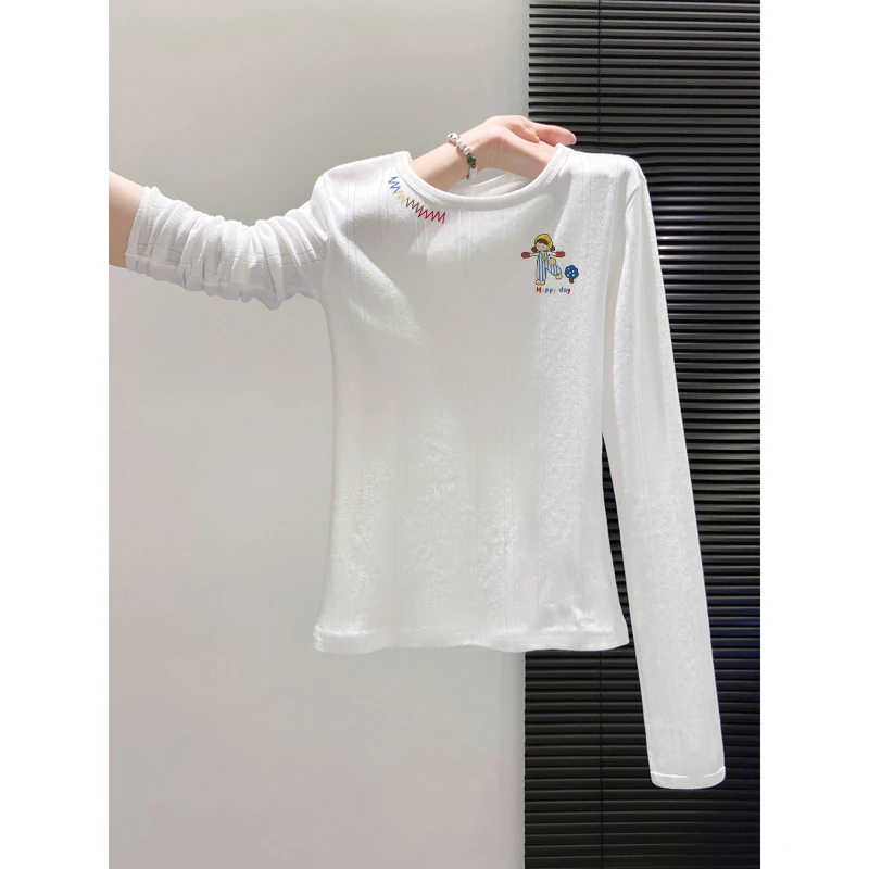 2025新款秋冬季洋气简约长袖T恤女修身百搭白色慵懒风上衣打底衫