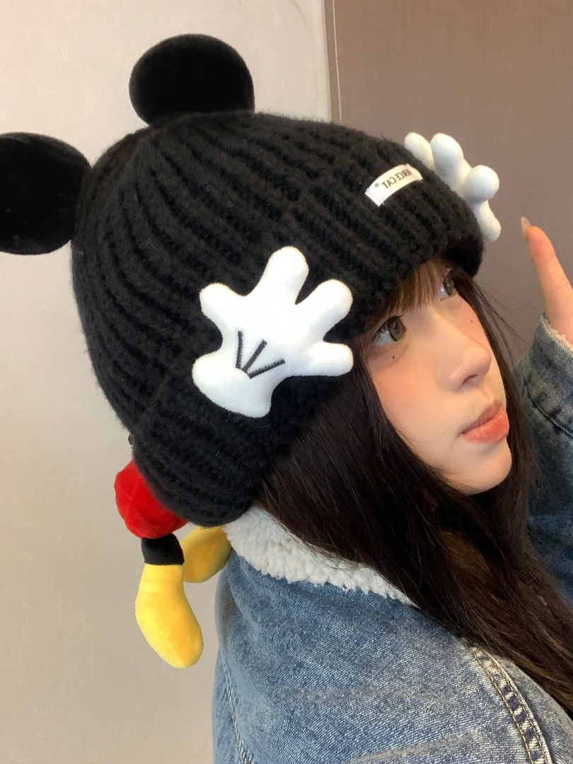 可爱米奇屁屁捂脸小手针织毛线帽女秋冬季保暖防寒显脸小护耳帽子