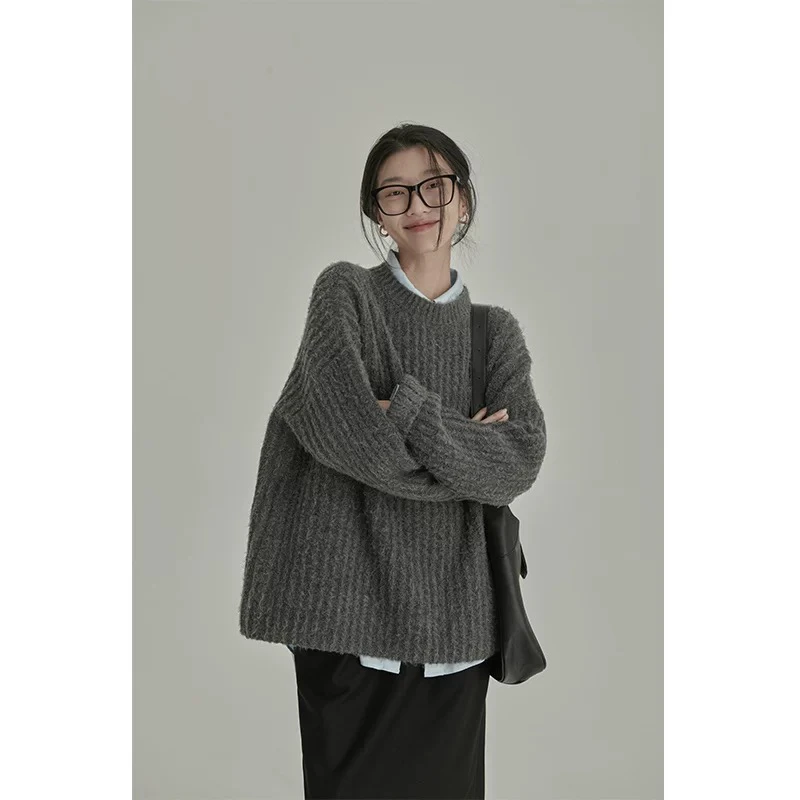 复古学院风7844套头针织衫女秋冬宽松慵懒加厚毛衣软糯坑条上衣