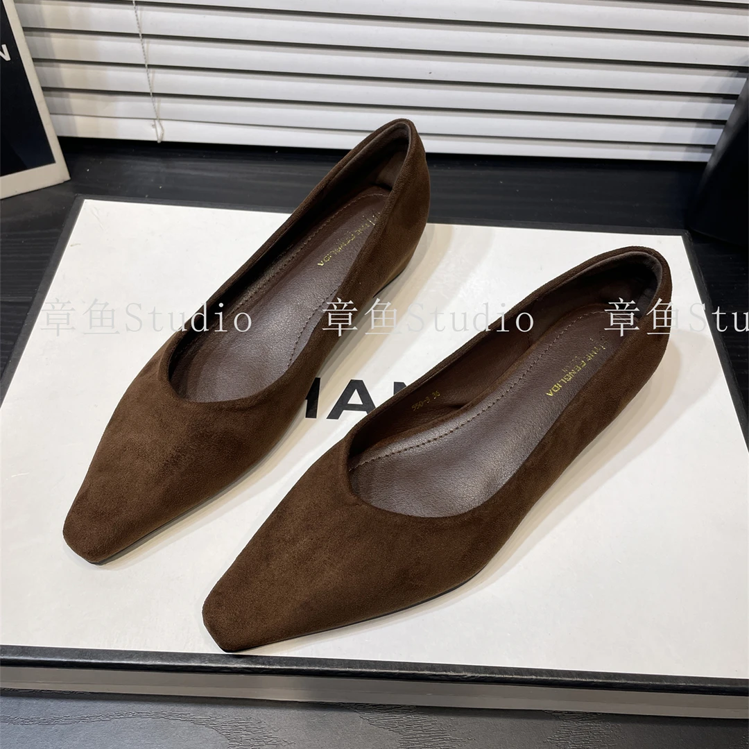 2025秋季韩版复古绒面一脚蹬通勤工作鞋女气质尖头内增高浅口单鞋