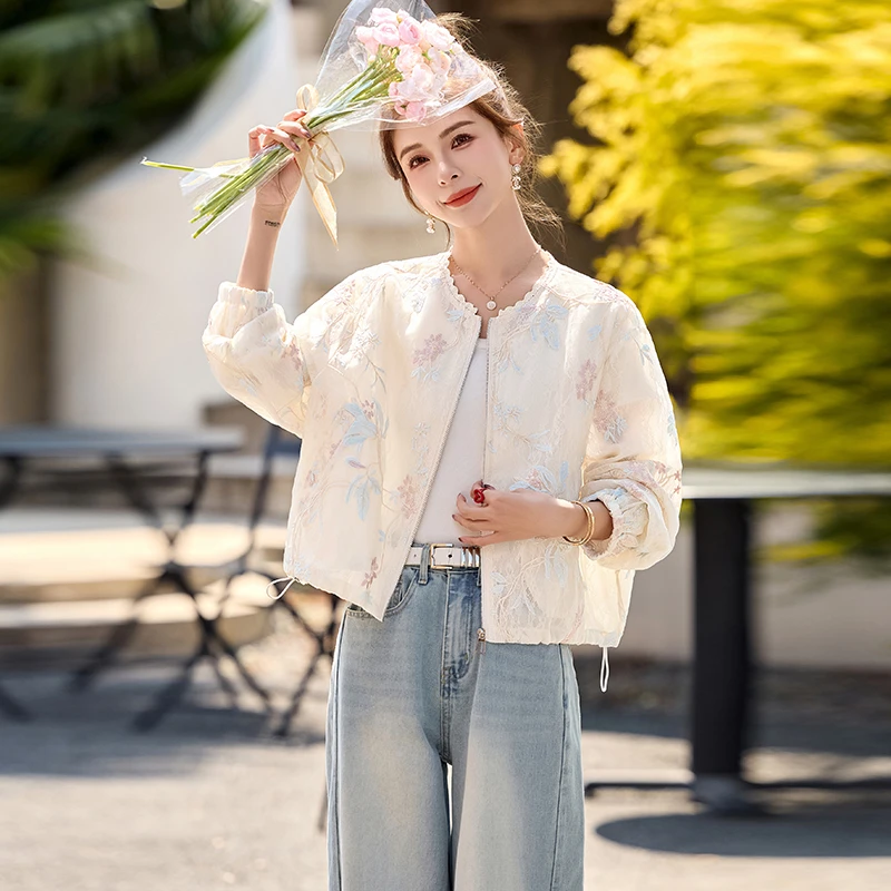 新中式国风刺绣蕾丝短外套女夏高级感薄款棒球领防晒外搭夹克上衣