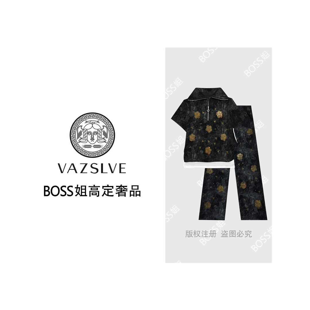 【VAZSLVE/原创设计】烫钻山茶花假两件设计师休闲套装TZ4229
