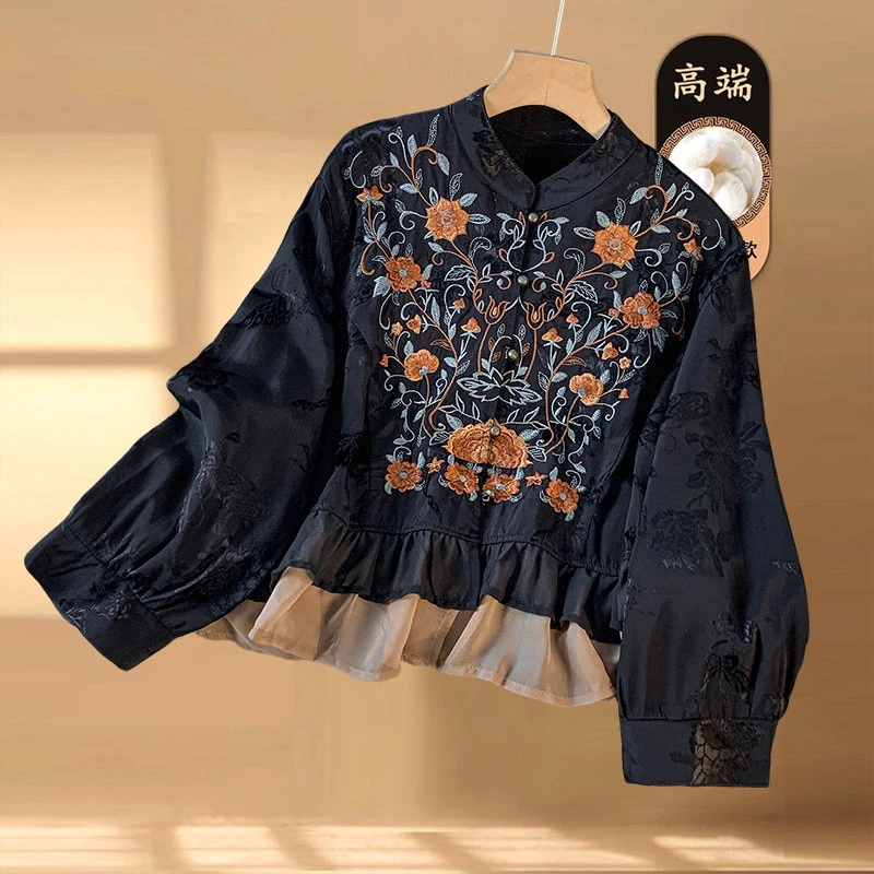 秋冬季时尚新款民族文艺风重工贴布绣花开衫雪纺拼接显瘦女上衣