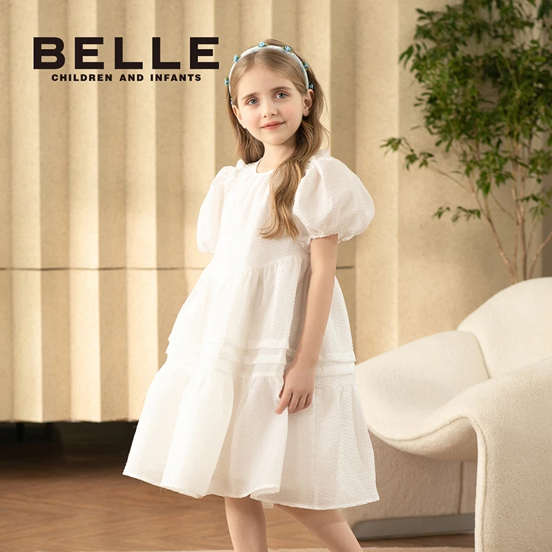百丽女童连衣裙夏季婚纱童装礼服中大童长裙白色公主裙BB0357