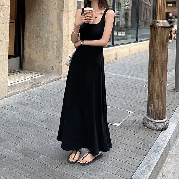 2025新款高定及第裙宽肩带背心连衣裙无袖收腰吊带纯色百搭显瘦