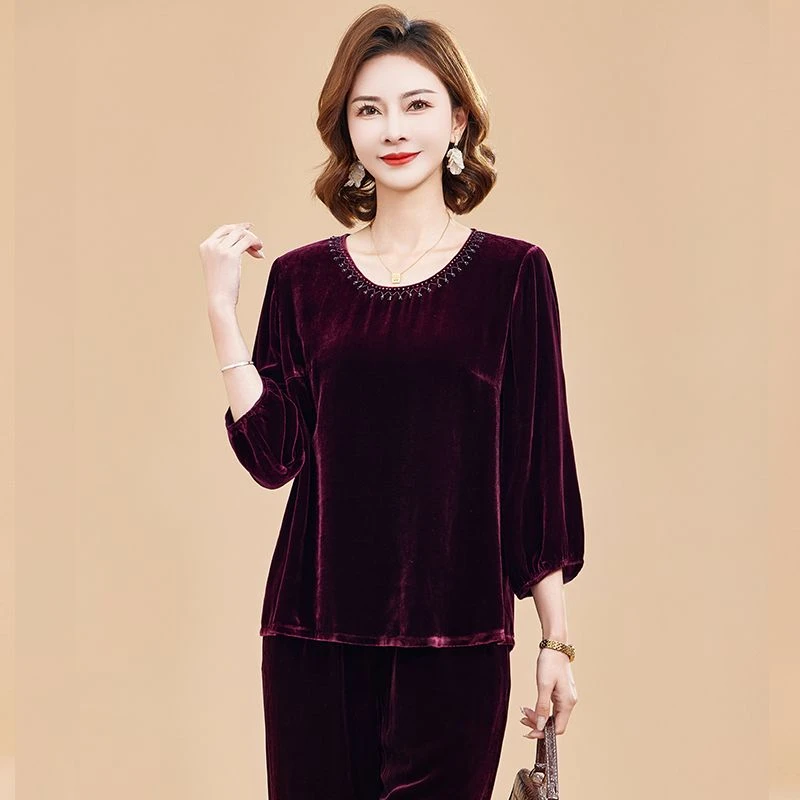 阔太太中老年大码春季套装真丝绒宽松上衣女桑蚕丝妈妈装气质