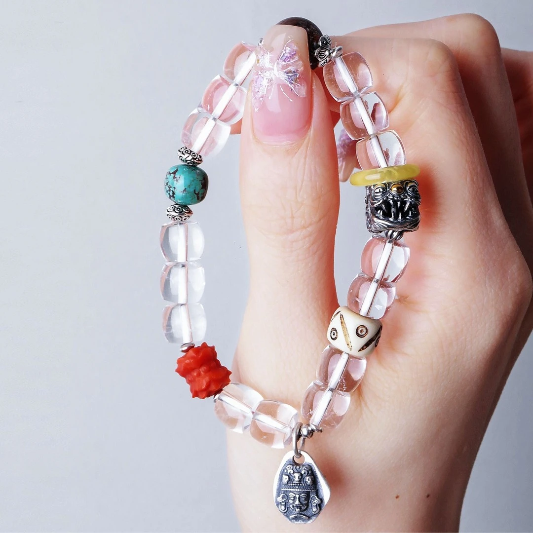 足银手链 S10471白色水水红皮绿幽扎基拉姆手串复古手链单圈百搭