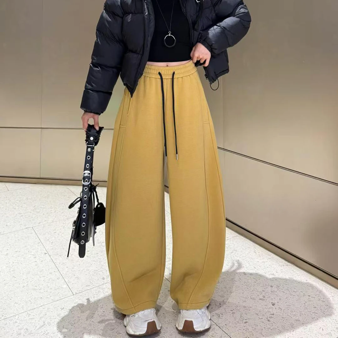 时尚韩版百搭高腰休闲裤女2025年秋冬新款宽松显瘦加绒保暖弯刀裤