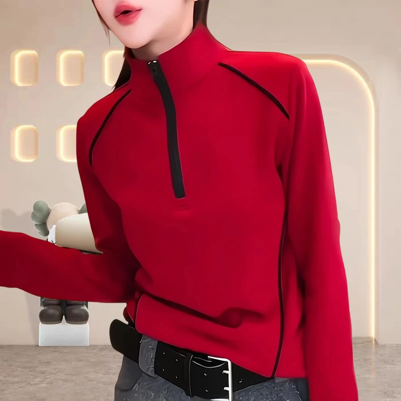 秋冬新款时尚洋气百搭女装针织宽松长袖T恤常规半拉链拼接上衣