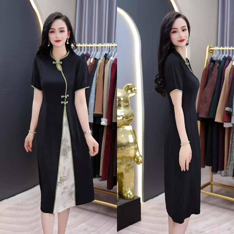 2025新款改良旗袍优雅气质复古高腰显瘦遮肚子拼接中长款连衣裙夏