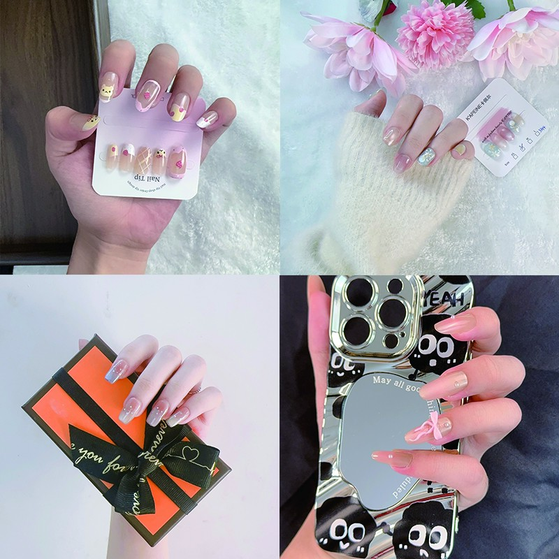 2025秋冬中短新款高级感纯欲温柔渐变波点蝴蝶结穿戴式美甲片显白