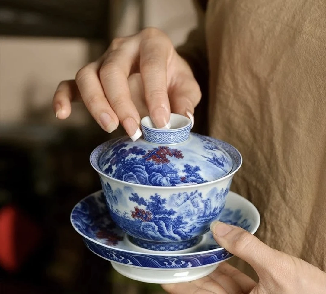 景德镇手工手作青花釉里红山水大盖碗名窑茶具（200-250cc）容量