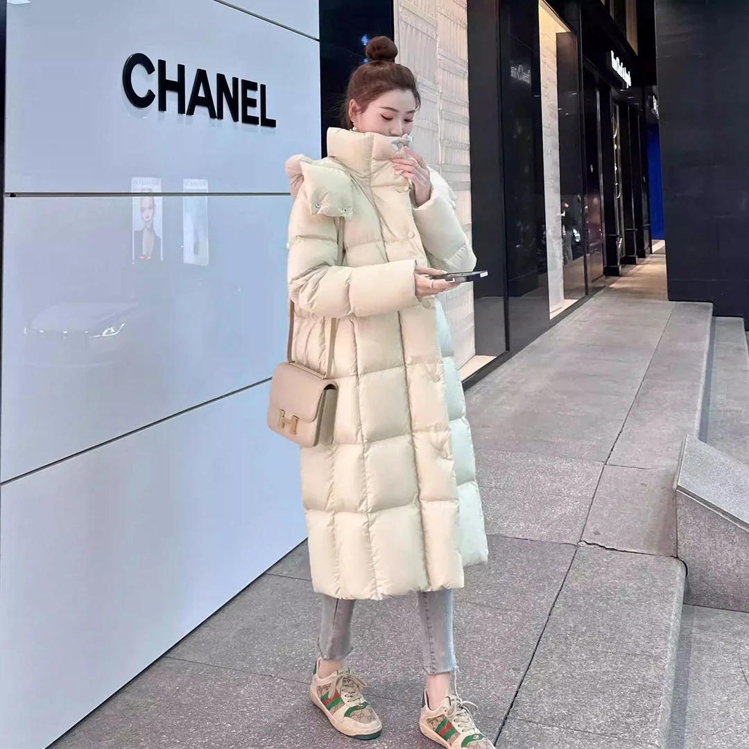 中长款连帽羽绒服女2025年冬季新款加厚保暖面包服过膝白鹅绒外套