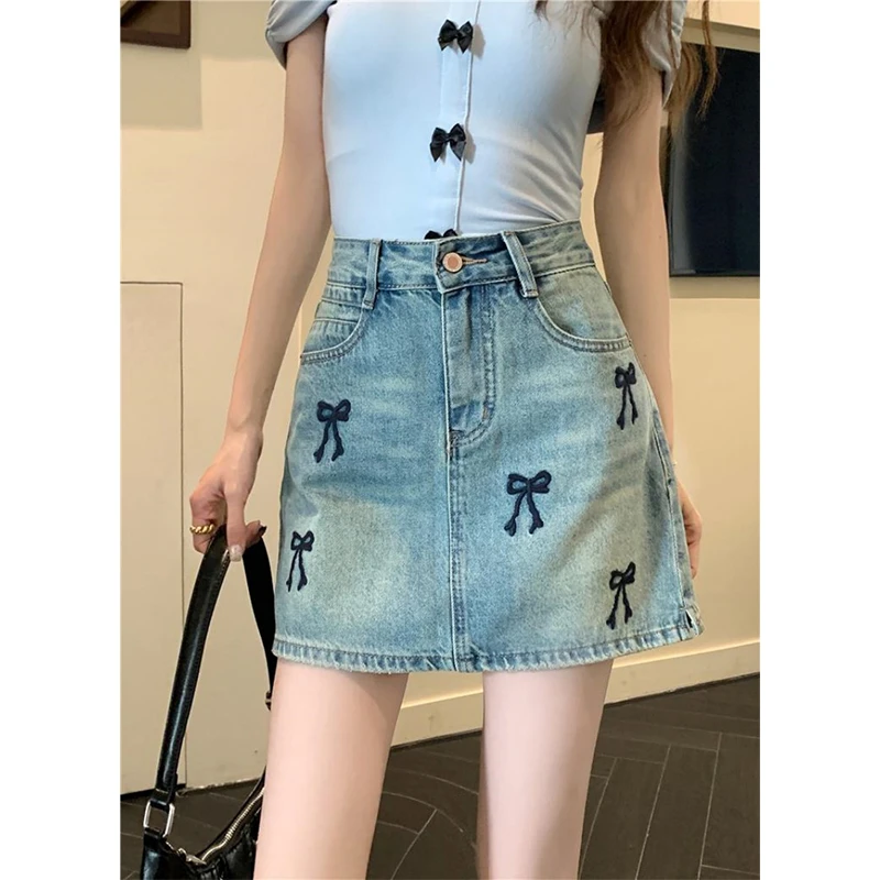 2-300斤胖mm大码女装蝴蝶结刺绣牛仔短裙夏季高腰显瘦a字包臀裙子