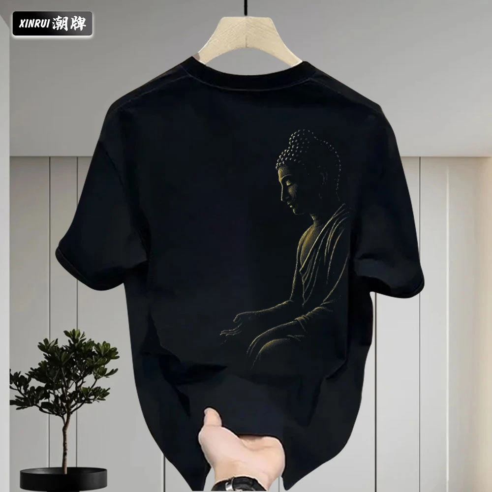 夏季新款休闲新中式国风设计感佛祖印花男女款圆领纯棉重磅短袖T