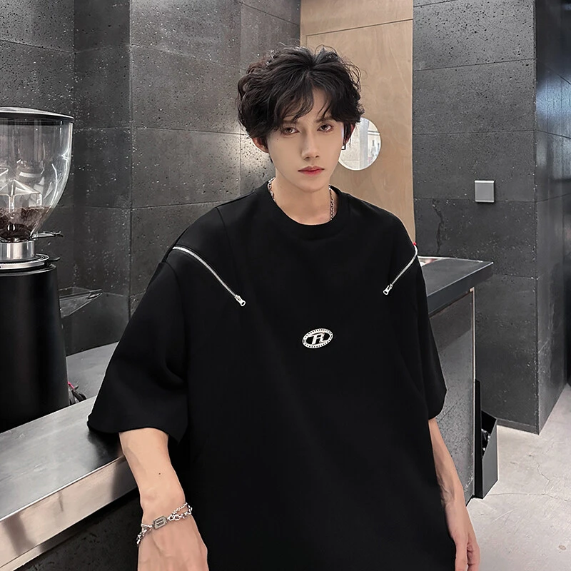 金属双拉链重磅短袖男夏季美式设计感小领口t恤高级感痞帅五分袖