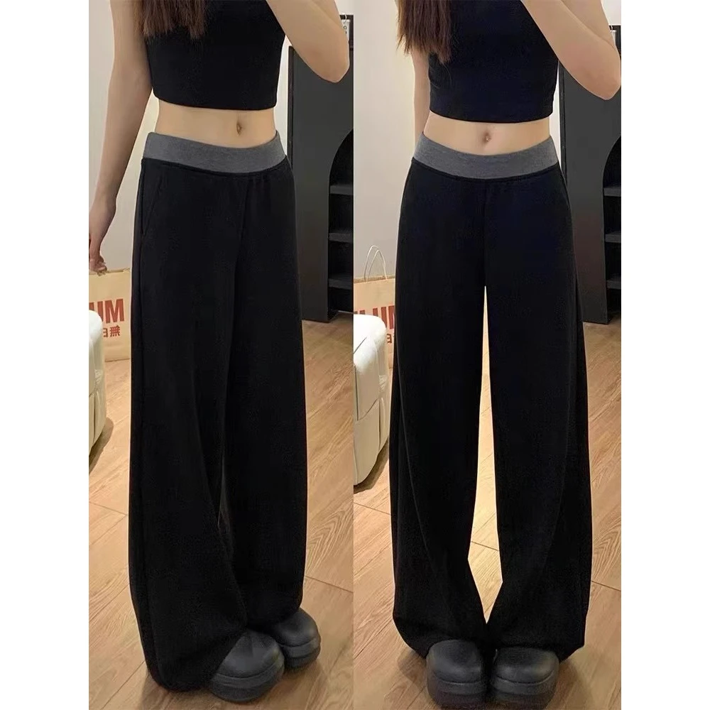 【2037】黑色休闲运动裤女秋季新款胖mm高腰宽松显瘦阔腿拖地裤子