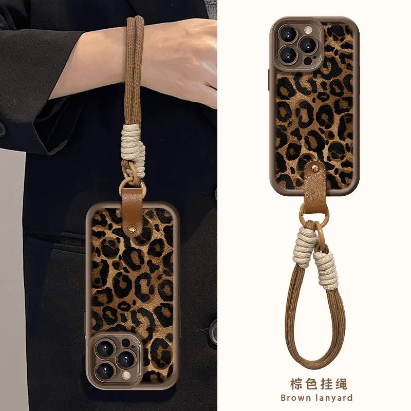 美拉德秋冬豹纹高级带挂绳适用苹果华为vivo/oppo小米浮雕手机壳