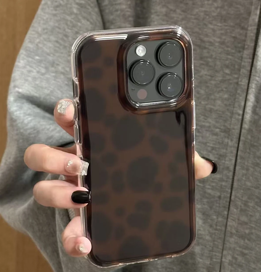 棕低黑晕染豹纹适用苹果16promax手机壳iPhone15女款14p壳13p可爱