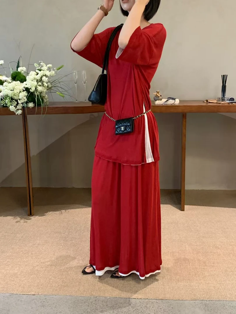 【ÉTRENER】新款拼接撞色假两件半裙时尚高级感百搭半身裙7647