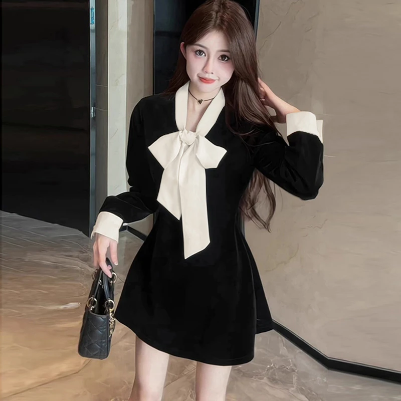 小香风蝴蝶结连衣裙女收腰显瘦气质法式内搭赫本风小黑裙2987