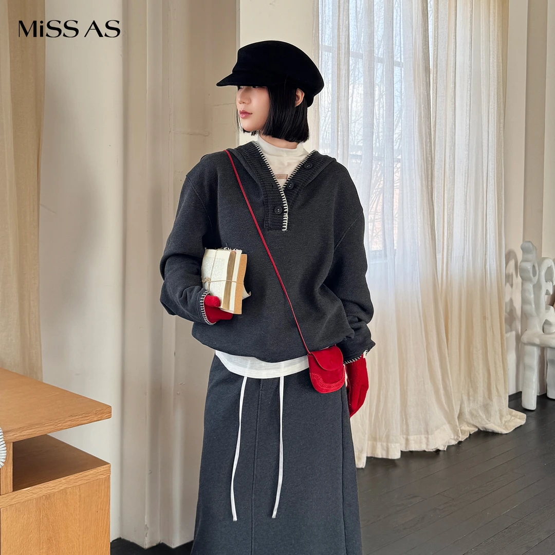 【YOEYYOU】深灰色简约百搭连帽宽松长袖套头卫衣女26春夏