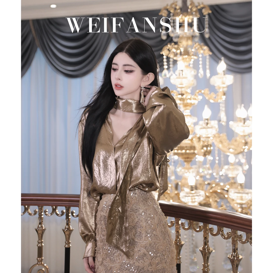 WEIFANSHU/魏凡舒【金箔情书】早秋新款时尚气质优雅百搭金色衬衫