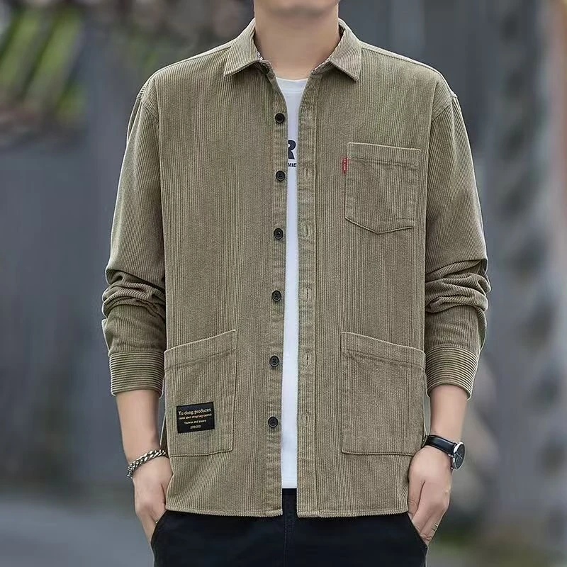 男士灯芯绒衬衫春秋季新款宽松百搭长袖衬衣休闲工装上衣外套
