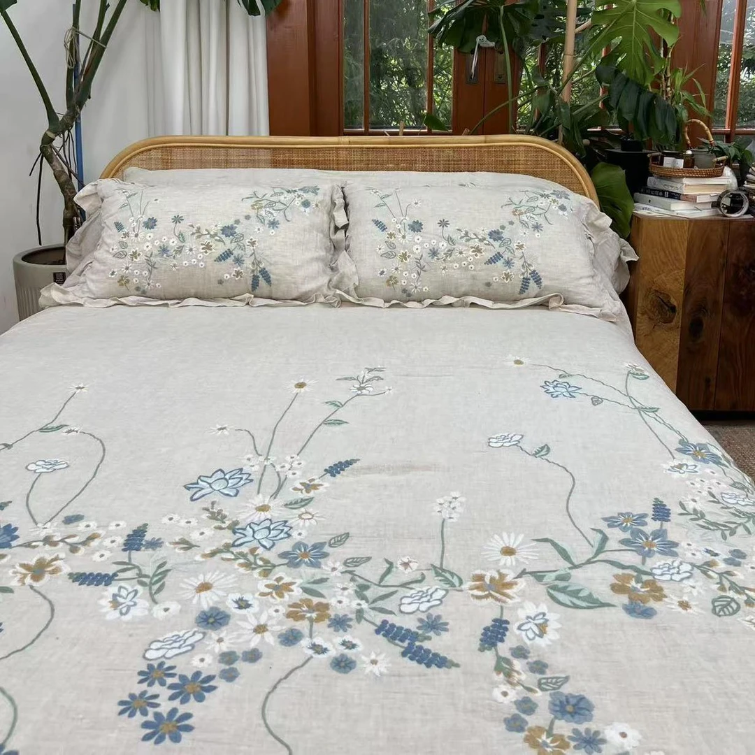 【碧落】纯亚麻绣花四件套亚麻高端轻奢床品雨露麻套件