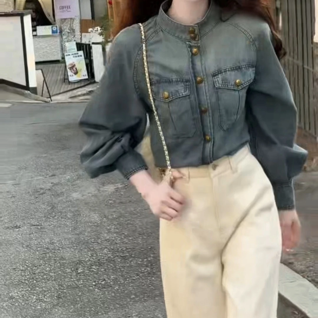 102复古做旧立领牛仔衬衫外套秋2025新款设计感漂亮好看夹克上衣