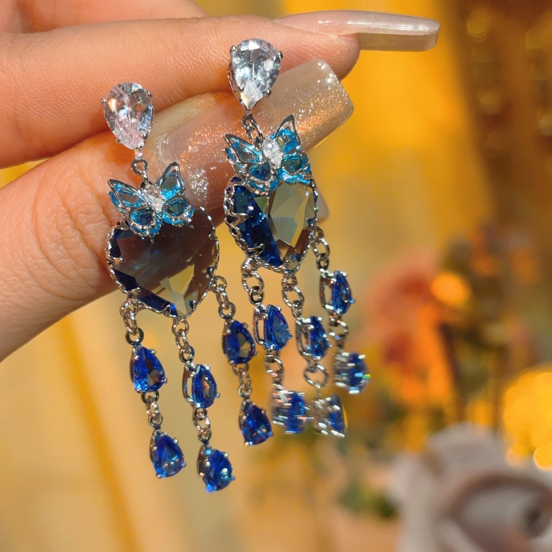 铜合金耳饰 芷瑶】重工气质蓝色蝴蝶流苏耳环精致仙气仙女耳坠耳钉