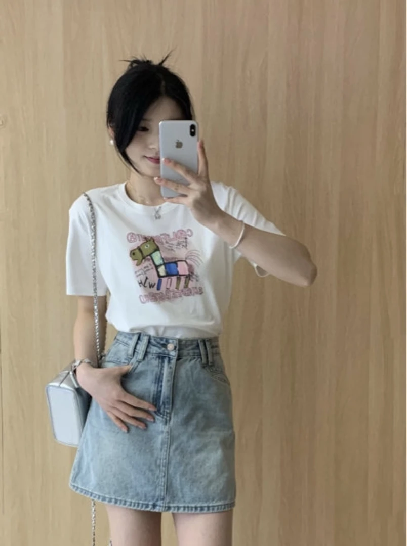 【刘灿私服】832款百搭印花白色圆领正肩T恤