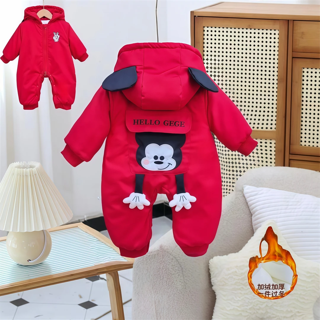 J新款加绒夹棉加厚立体可爱米奇满月百天周岁年服外出连体哈衣D50